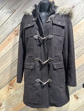 Esprit Dark Brown Wool Blend Removable Faux Fur Hood Zippered Toggle London Coat