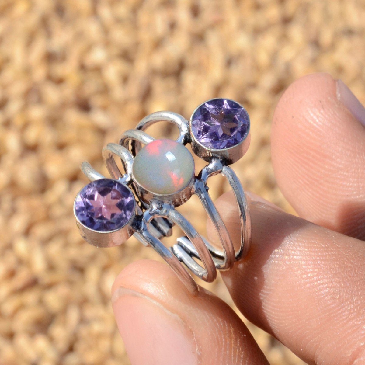 Fire Opal, Amethyst Cut Ring 925 Sterling Silver Handmade Woman's Jewelry  Ring