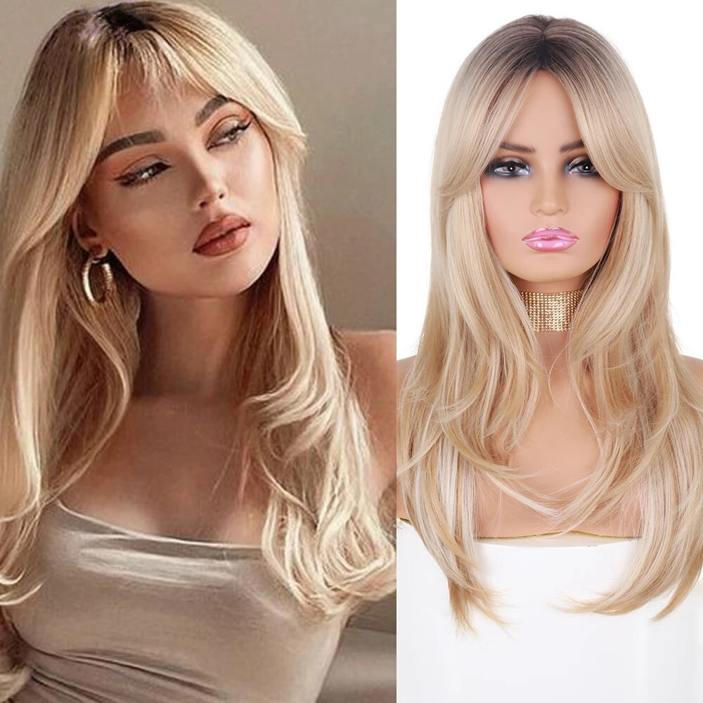 Mid-Length Wavy Wig Dark Roots Ombre Blonde Synthetic Wigs