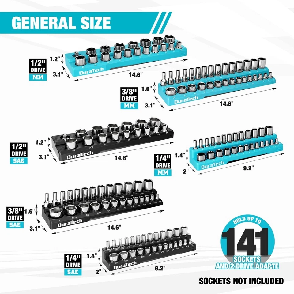 DURATECH 6PC Magnetic Socket Organizer Set Tool Cart 1/2"1/4" 3/8" Dr SAE&Metric - Image 3 of 4