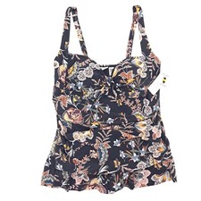 New Directions One-Piece Swim Dress Lined Ruched Tummy Control Black Floral - 1X