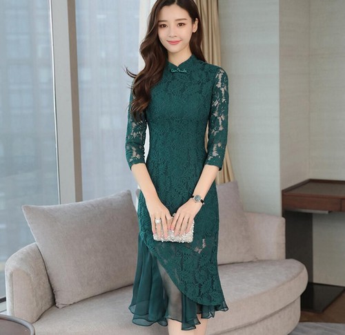 Mode Vintage Damen schmale Passform Cheongsam Abend Party Hochzeit Spitze Qipao Kleid - Bild 4 von 7
