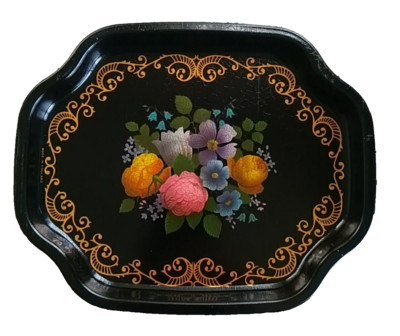 Elite Tabletts Floral/Gold Design Schwarz Crackle Metall Hergestellt in England 7,5  x 6  Vintage