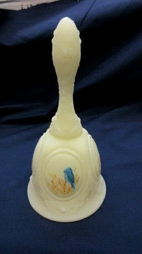 Vtg Fenton Hand Decorated Blue Bird on Blue Satin Medallion Bell Signed Brown