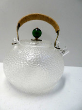 VINTAGE TEXTURED GLASS TEAPOT CORD BOUND HANDLE GREEN KNOB