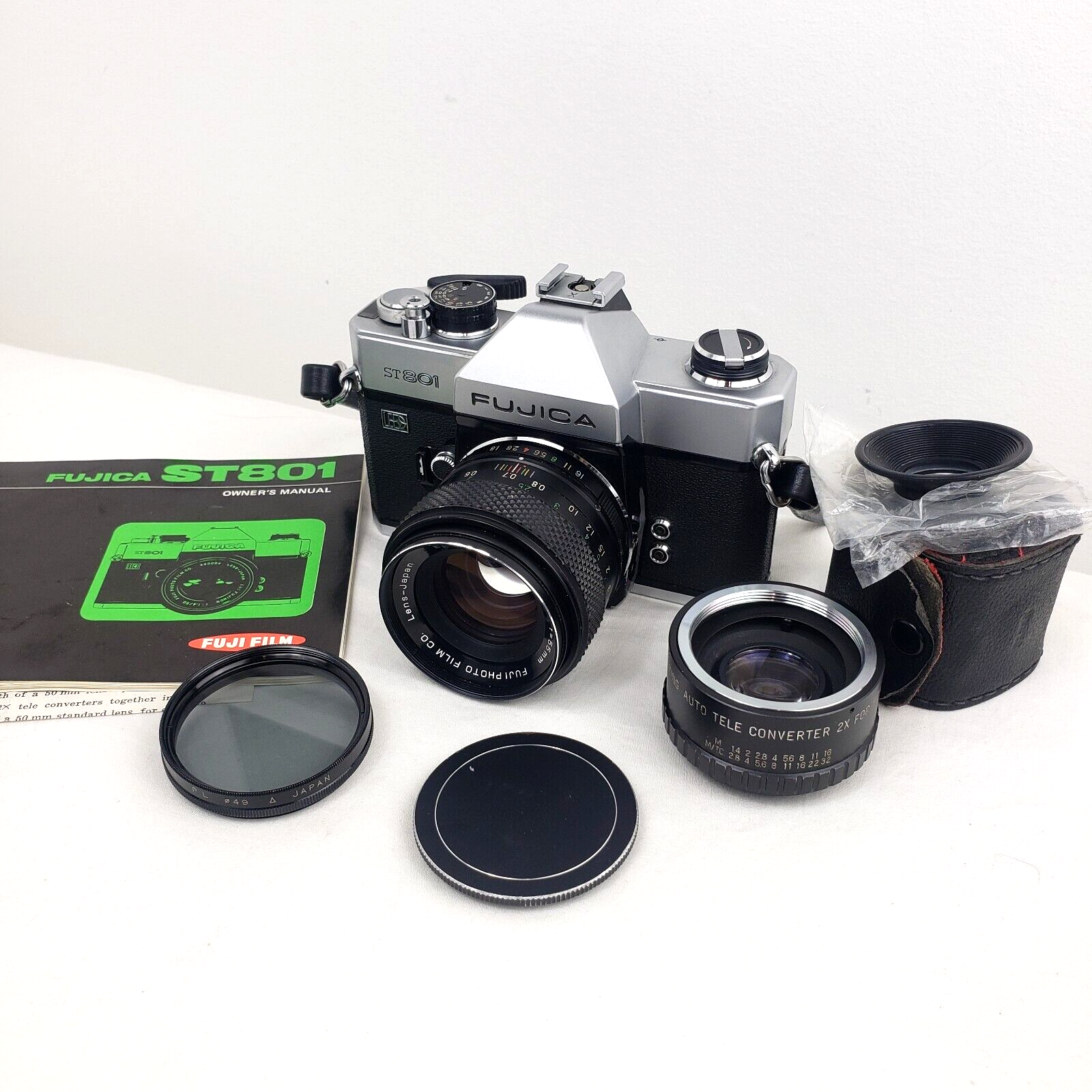 Fujica ST801 LED 35mm Film SLR Camera Fujinon 1.8 55mm Lens 2x Converter  TESTED