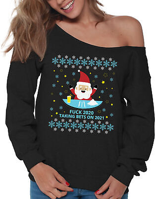 Off the Shoulder Tops Funny Xmas Holiday Santa 6 Feet Away Quarantine 2020 Ugly Christmas Sweaters