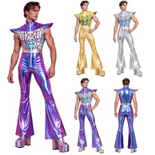 US Mens 70s Disco Jumpsuit Costume Adult Metallic Shiny Flare Bell Bottom Romper