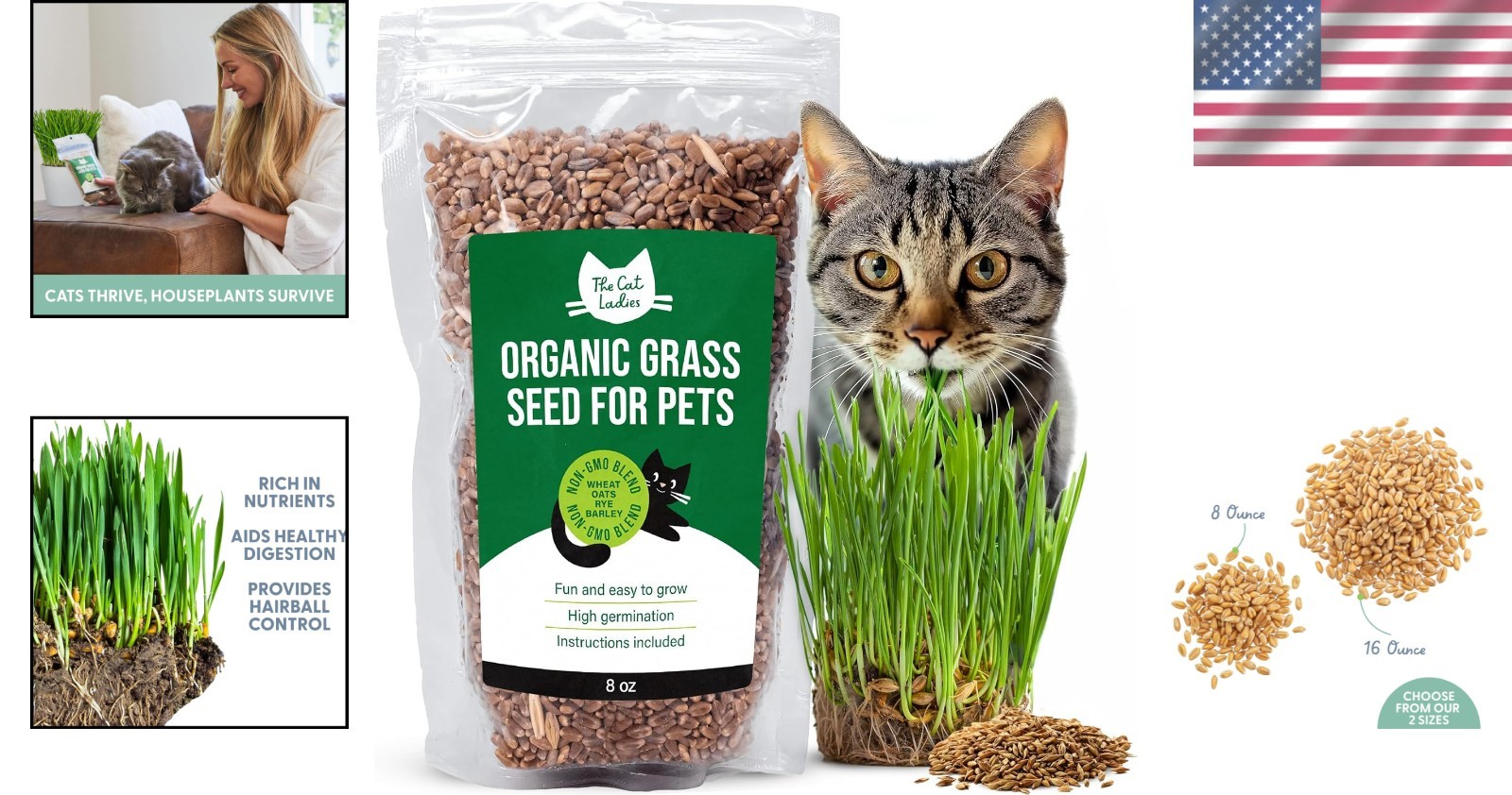 Non-GMO Indoor Cat Grass Seeds - Superfood Blend of Wheat, Rye & Barley (8 oz)
