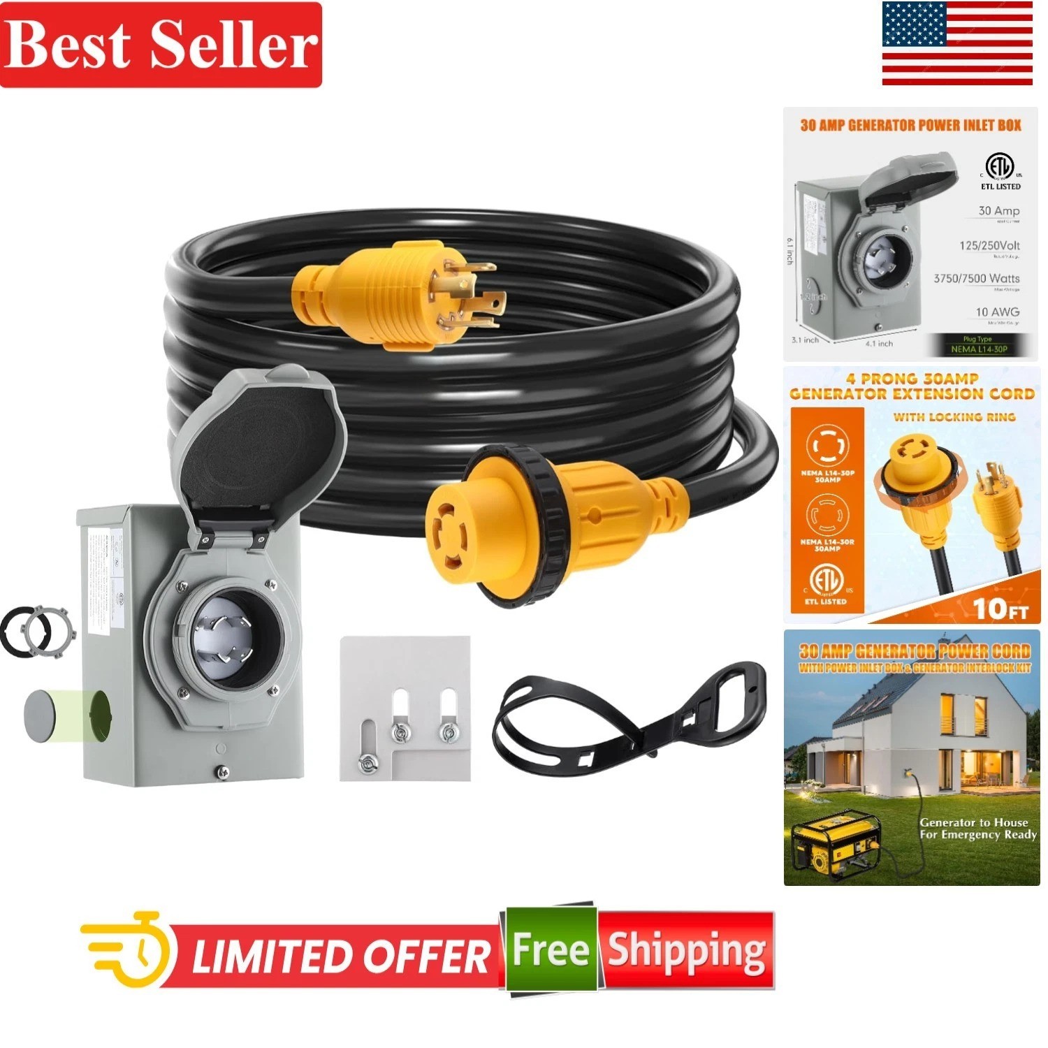30 Amp Generator Cord Power Inlet Box 10 ft for RV Camping and Backup