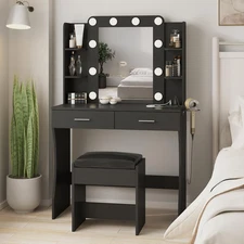 Vabches Vanity Desk with Lights,Makeup Vanity with Power Strip,Dressing Table Se