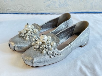 MIUMIU ラメ パンプス NEW Miu Miu 36.5 Silver Metallic Pearl Crystal Loafers Flats