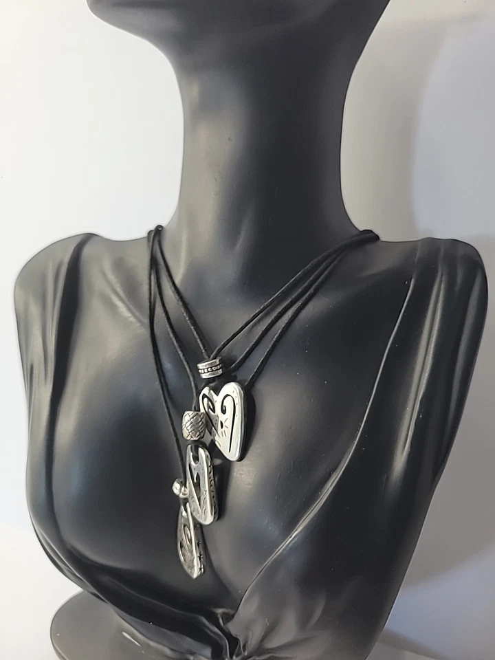 Vintage Brighton Etched Heart Swirl Pendant Triple Strand Silver Tone Jewelry - Image 4 of 4