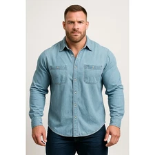 Esprit Mens Denim Snap Shirt Light Blue Long Sleeve Size L