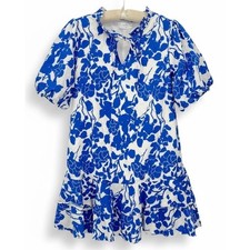 Shop The Mint Women's Blue White Floral Puff Sleeve Dress Medium