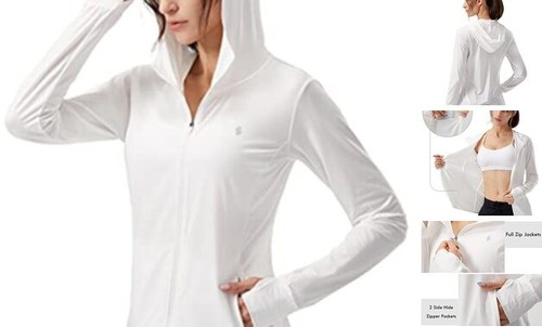 Women's UPF 50+ Sun Protection Hoodie Jacket Lightweight Long Medium B-white