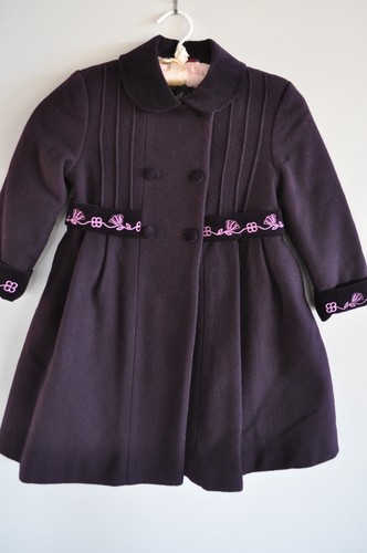Rothschild Girls Vintage Wool Winter Coat 5 Plum Purple Velvet Trim Bows + Hat
