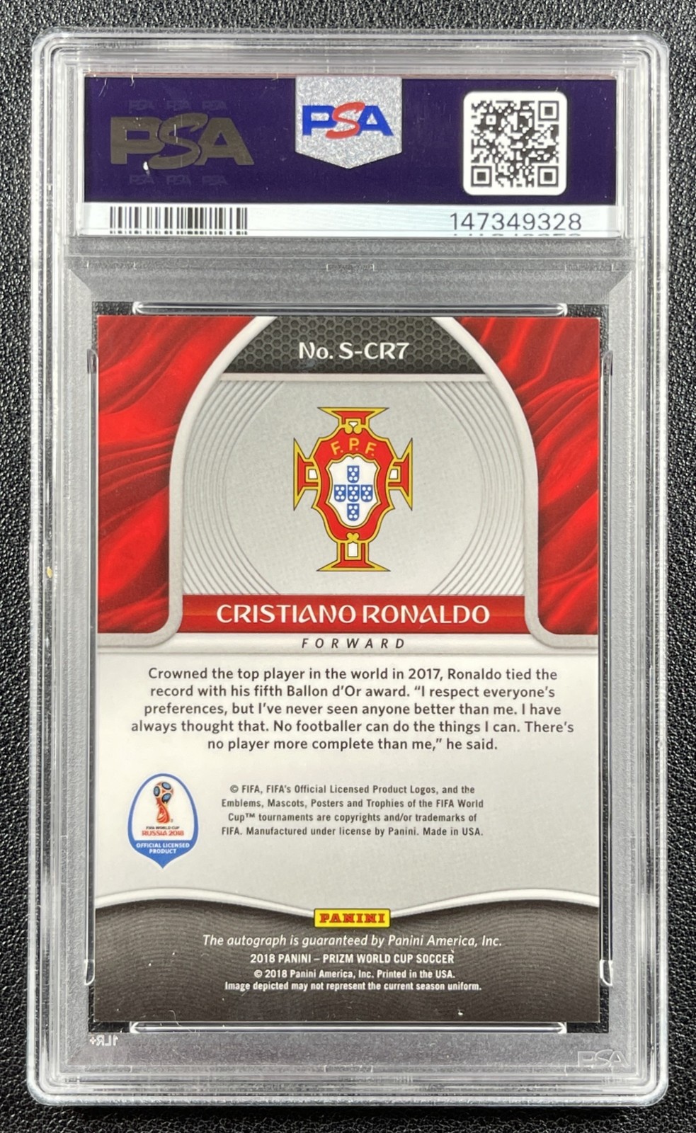 CRISTIANO RONALDO PSA 8 2018 PANINI PRIZM WORLD CUP #S-CR7 AUTO 9328 view 2