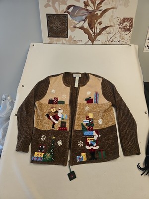 Tiara International Womens Sweater L Brown Holiday Granny Christmas Cardigan