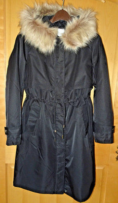 MOHITO Ladies Faux Fur Hooded Parka, Coat Black, size 36 NWOT