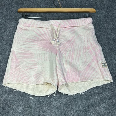 SurfSide Supply Shorts Womens XS Pink Print Pull On Tie Waist Logo Raw Hems NEW