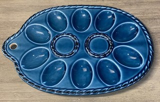 Vintage BLUE Deviled Egg Plate Tray ONLY Holds Chicken Salt & Pepper Shakers