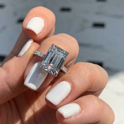 5Ct Emerald Cut Hidden Halo Diamond Engagement Ring 14K White Gold Over siz 6-12