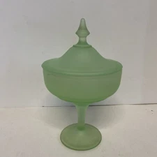 Vintage Uranium Green Matte Glass Covered Candy Dish