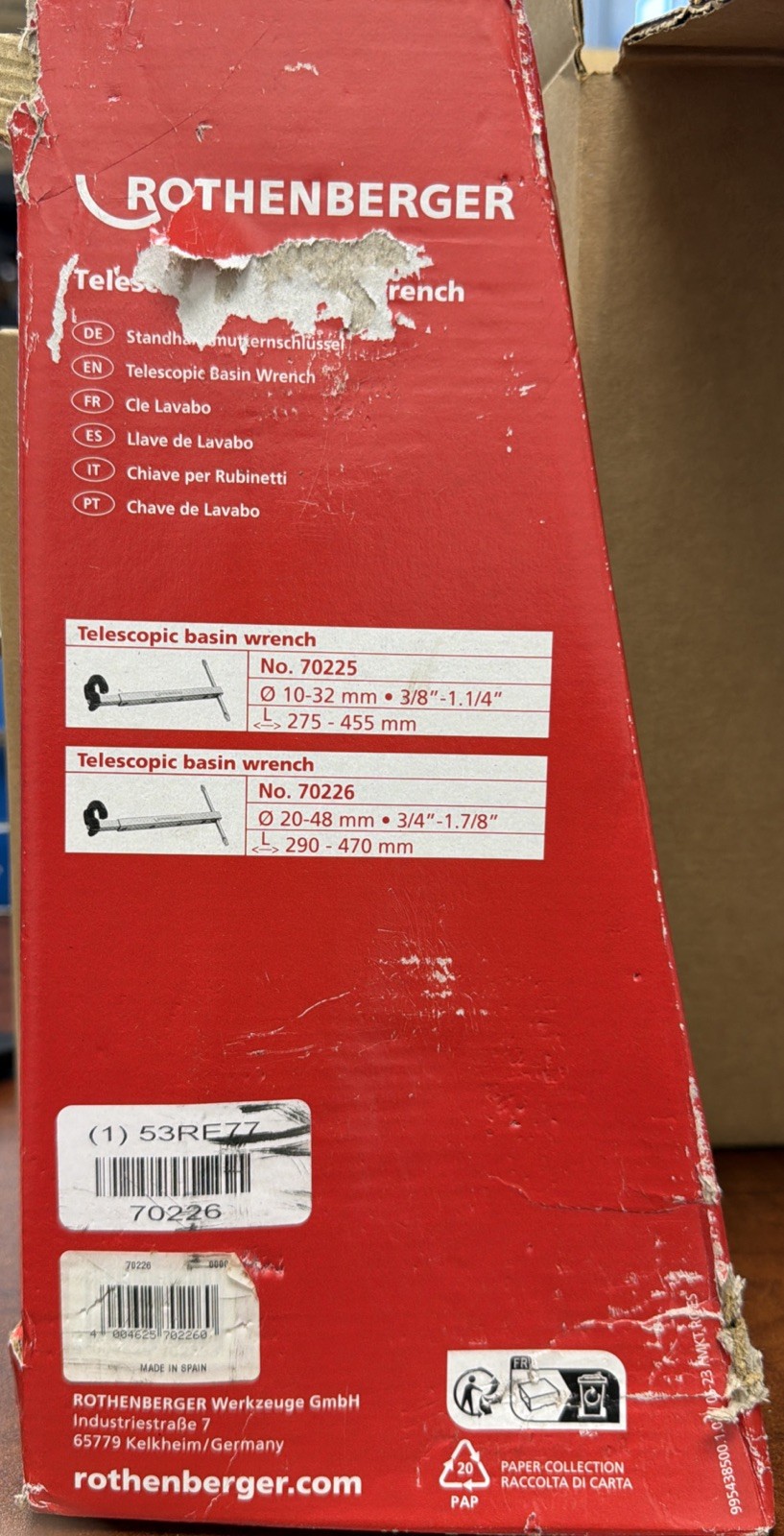 Rothenberger 70226 Telescopic Basin Nut Wrench, 18-1/2" L Blemished Box New