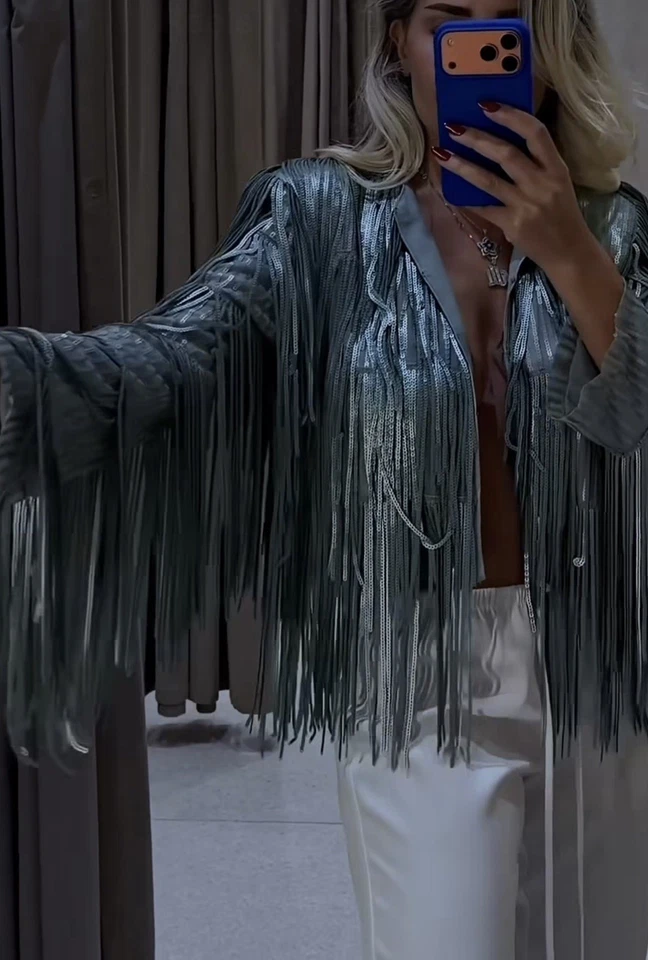 ZARA 2026 ZW Collection Silver Grey Sequin Fringe Jacket Size L 3210/040 Trendy - Image 4 of 4