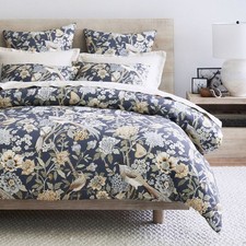 Pottery Barn Bloom Floral Sateen Duvet Cover Full Queen Blue Tan Green Birds NEW