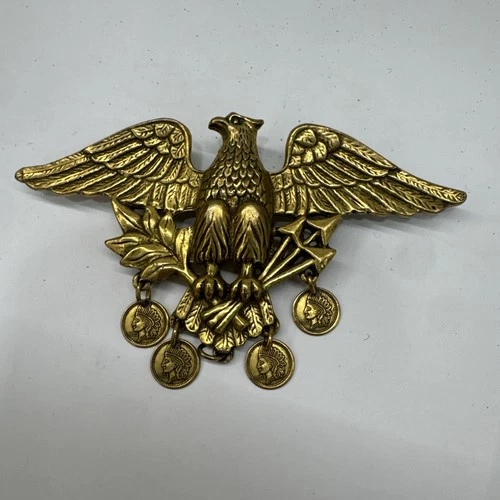 Vintage Gold Tone American Eagle Brooch With Hanging Liberty Coins