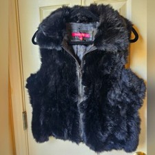 Jennyfer J 100% Genuine Rabbit Fur Vest L Women's Black Collared Vintage Y2k