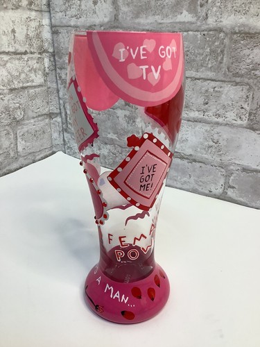 Lolita Pilsner Glass Who Needs A Man Beer Hand Painted Embellished Pink 22 oz - Picture 7 of 9