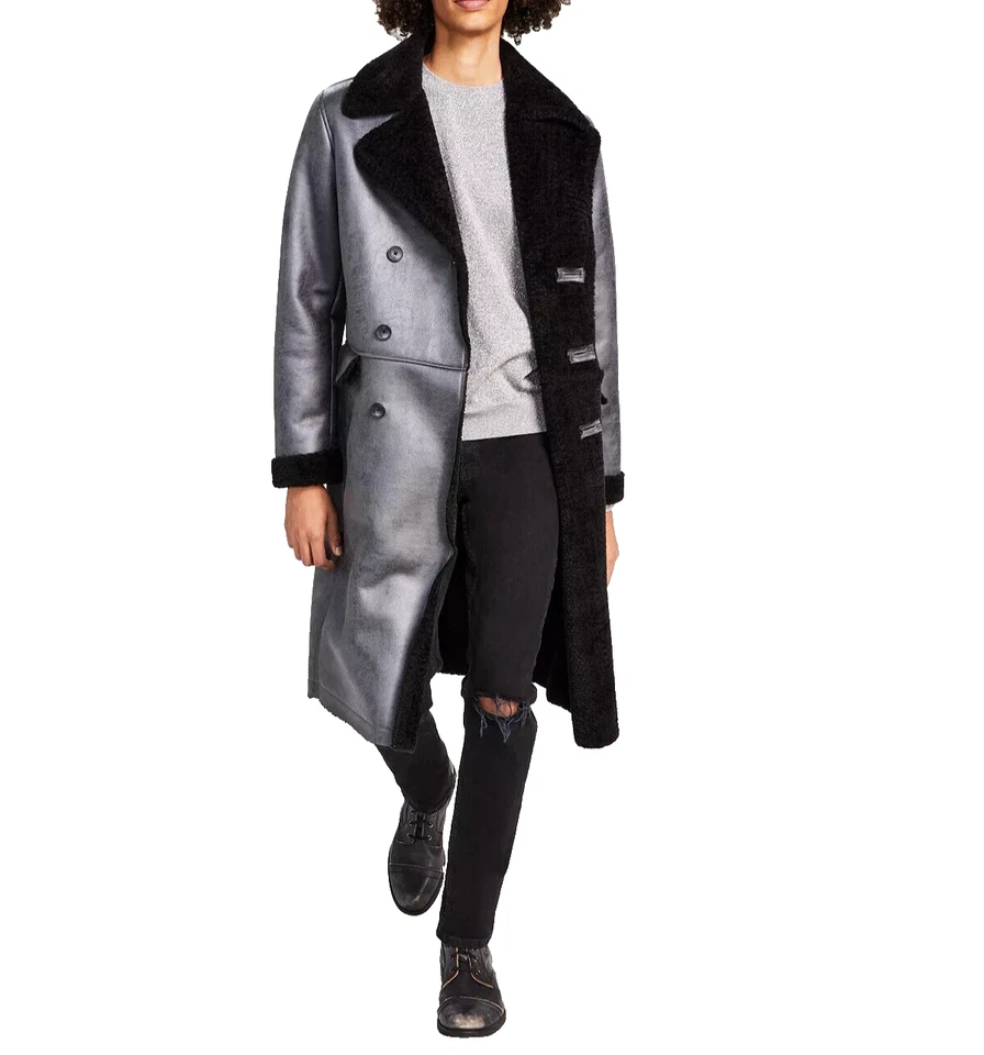 I.N.C. Abrigo plateado de doble botonadura de piel de oveja sintética de ajuste clásico para hombre talla XS Foto 2 de 4