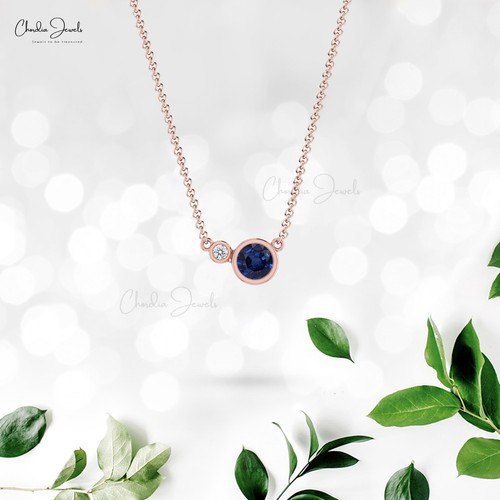 Bezel Set 14k Solid Gold 1/2 CT Blue Sapphire & Diamond Women's Wedding Necklace - Picture 17 of 22