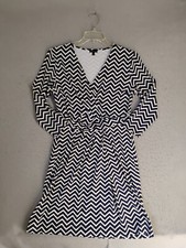 Talbots Womens Dress Medium Blue Geometric 3/4 Sleeve V Neck Pullover
