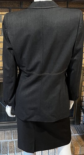 Escada Gray 2 Piece Wool Skirt Suit Tan Stitched Detail Logo Buttons Size 38 - Picture 4 of 13