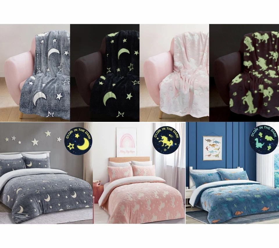 LONDON DREAM Glow In The Dark Teddy Fleece Duvet Covers Soft Warm Kids Bedding Throw Blankets