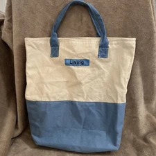Martha Stewart Living Tote Bag Blue/Cream Canvas Reusable Shopping Eco Friendly