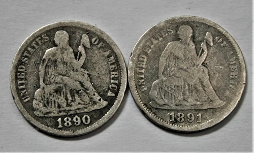 1891 & 1890 P SEATED LIBERTY SILVER DIME! VG CONDITION!