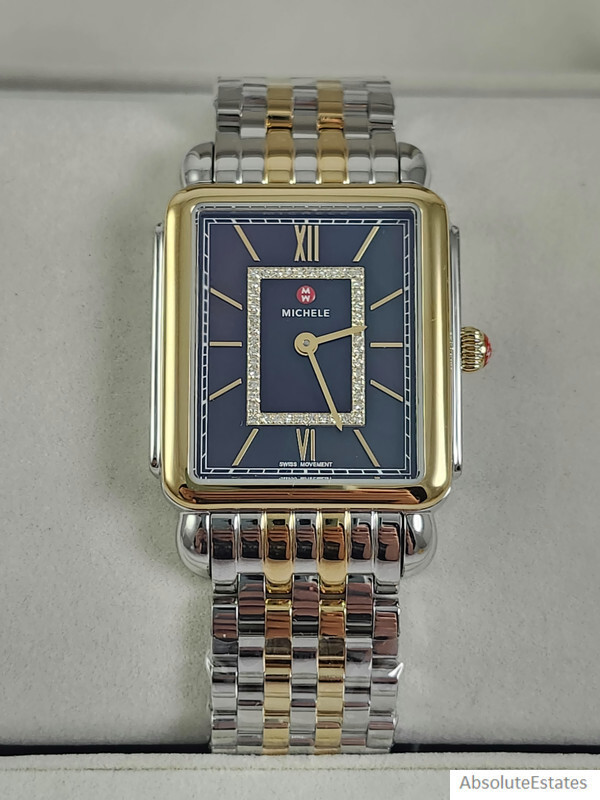 NEW Michele Deco II Two Tone Gold Silver Navy Blue Diamond Watch