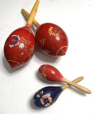 Vintage Original Mexican Hand Painted Wooden Fiesta Maracas Set Of 4 Etched Wood