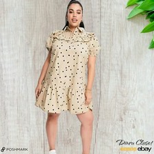 NWT Influence Fashion Tan with Black Dotted frill bib shirt Dress size 10 Style