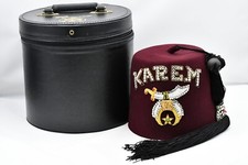Vintage Masonic Shriners Wool Jeweled Fez Hat W/ Leatherette Case Karem 6 7/8"