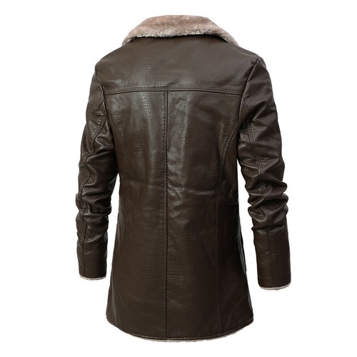 Mens Winter Leather Faux Fur Shearling Coat Thermal Jacket Warm Long Coat Casua∂ - Picture 11 of 19