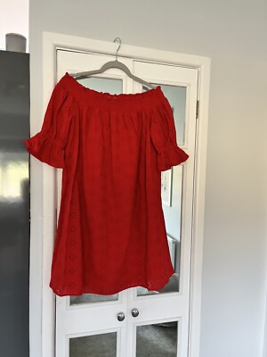 H M red short embroidery anglaise dress UK