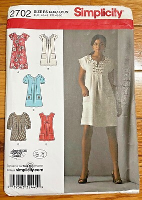 SIMPLICITY 2702 TUNIC A-LINE SHIFT TOPS & DRESS, SIZE R5(14-22) - CUT/COMPLETE