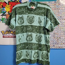 Vintage 90s AOP Alaska Wildlife T-Shirt Large Single Stitch Made In USA Green