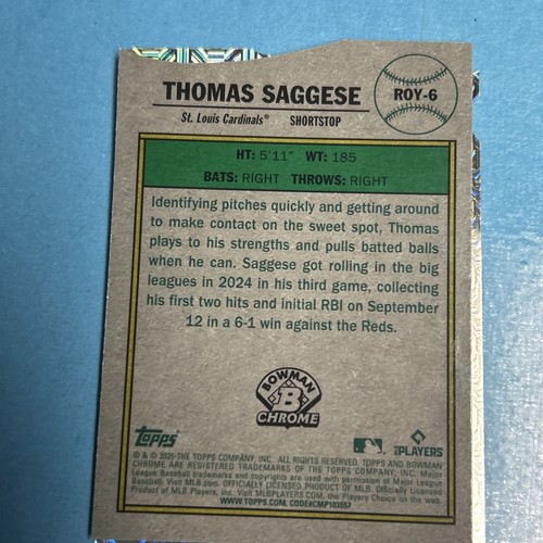 2025 Bowman - Rookie of the Year Favorites Thomas Saggese #ROY-6 Mojo Refractor - Picture 3 of 4